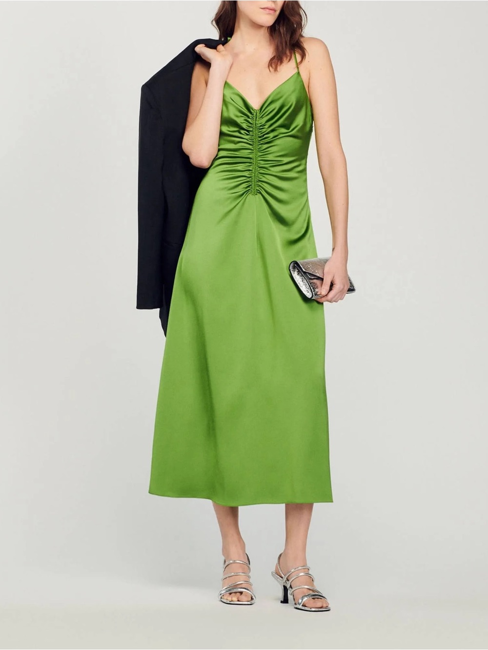 Sandro Lime Green Ruched Satin Midi Dress